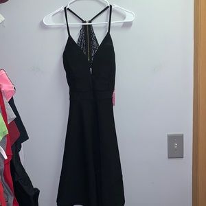 Black lace detail zip up back dress